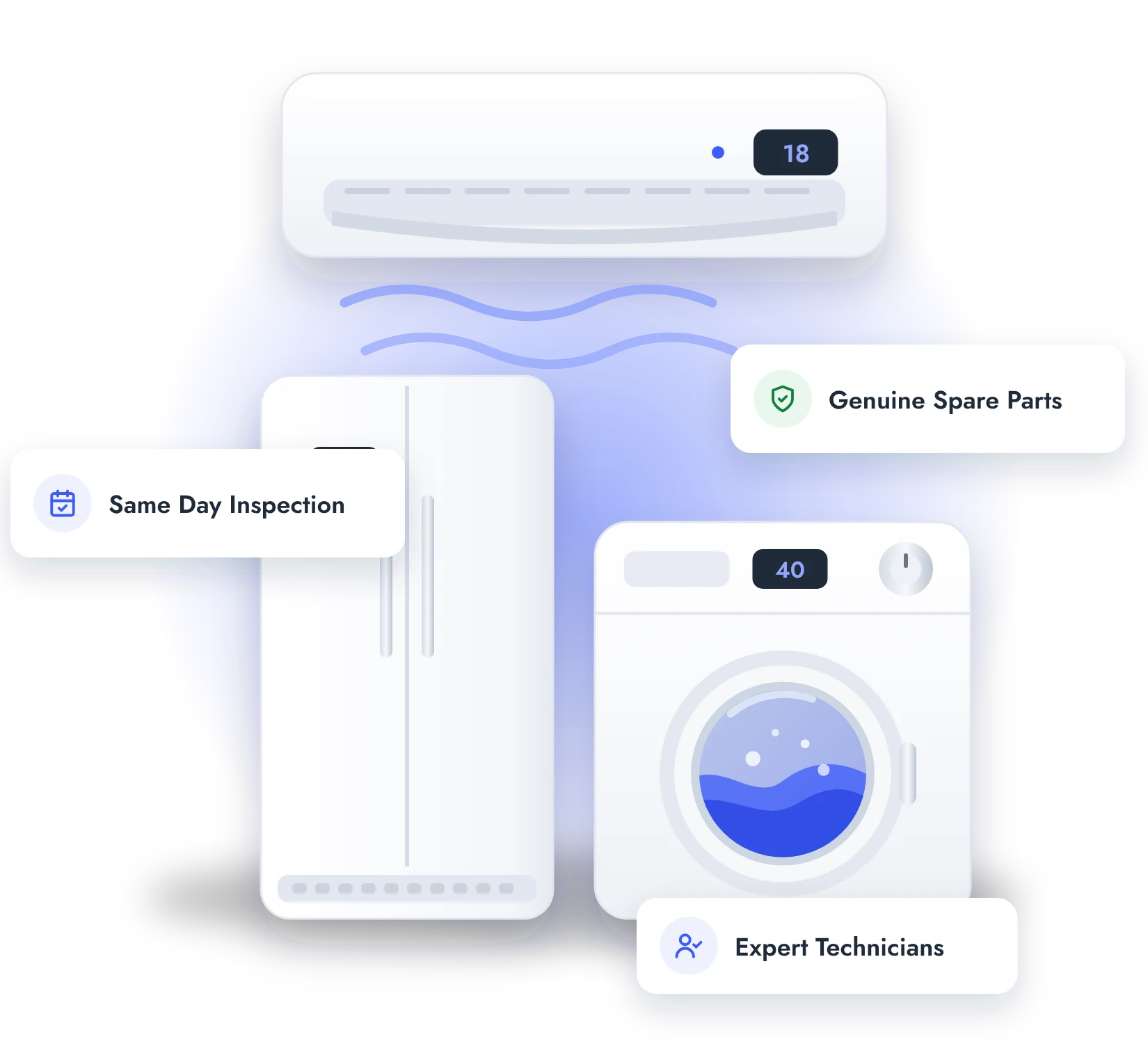 Illustration of an air conditioner, refrigerator and washing machine serviced by Premier Home Care